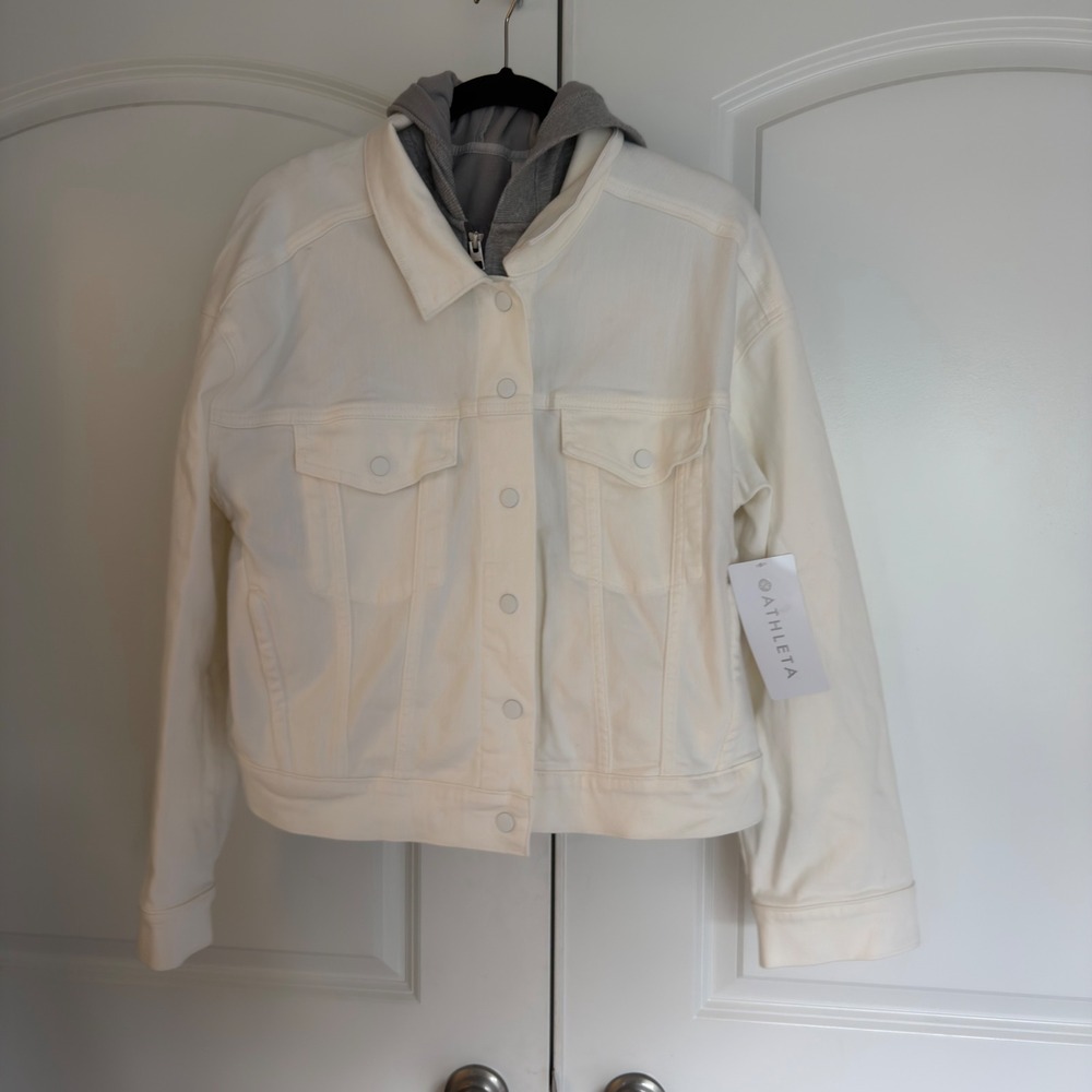 Athleta Double Time Denim Jacket White Removable Hooded Vest Large 566564-00-2